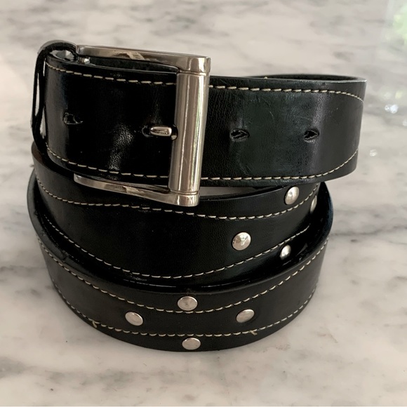 Mens black leather belt with silver buckle and studded details size 40”- 42” - Picture 1 of 6